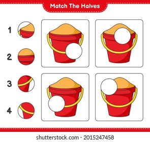 Coincide con las mitades. Coincide con las mitades de Sand Bucket. Juego infantil educativo, hoja de cálculo imprimible, ilustración vectorial