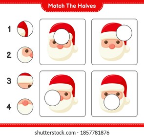 Match the halves. Match halves of Santa Claus. Educational children game, printable worksheet, vector illustration
