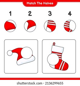 Match the halves. Match halves of Santa Hat and Christmas Sock. Educational children game, printable worksheet, vector illustration
