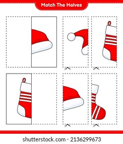 Match the halves. Match halves of Santa Hat and Christmas Sock. Educational children game, printable worksheet, vector illustration
