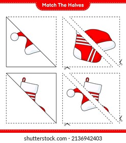 Match the halves. Match halves of Santa Hat and Christmas Sock. Educational children game, printable worksheet, vector illustration