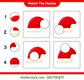Coincide con las mitades. Coincide con las mitades de Santa Hat. Juego infantil educativo, hoja de cálculo imprimible, ilustración vectorial