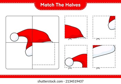 Coincide con las mitades. Coincide con las mitades de Santa Hat. Juego infantil educativo, hoja de cálculo imprimible, ilustración vectorial