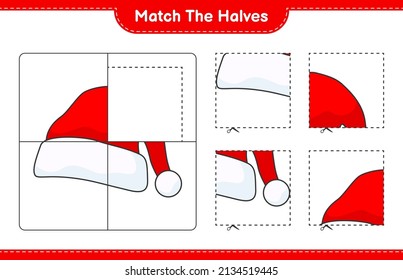 Match the halves. Match halves of Santa Hat. Educational children game, printable worksheet, vector illustration