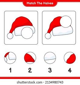 Match the halves. Match halves of Santa Hat. Educational children game, printable worksheet, vector illustration