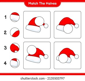 Match the halves. Match halves of Santa Hat. Educational children game, printable worksheet, vector illustration