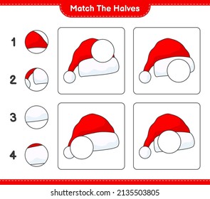 Match the halves. Match halves of Santa Hat. Educational children game, printable worksheet, vector illustration