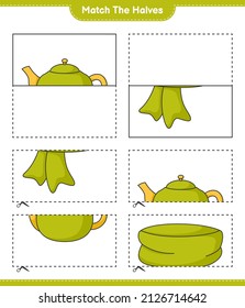 Coincide con las mitades. Coincide con las mitades de Scarf y Teapot. Juego infantil educativo, hoja de cálculo imprimible, ilustración vectorial