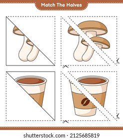 Coincide con las mitades. Coincide con las mitades de la Shiitake y la Copa del Café. Juego infantil educativo, hoja de cálculo imprimible, ilustración vectorial