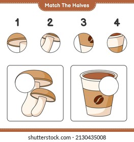Coincide con las mitades. Coincide con las mitades de la Shiitake y la Copa del Café. Juego infantil educativo, hoja de cálculo imprimible, ilustración vectorial