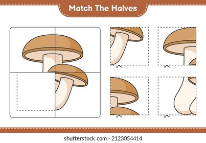 Match the halves. Match halves of Shiitake. Educational children game, printable worksheet, vector illustration