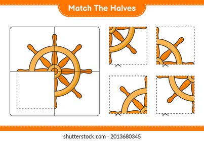 Coincide con las mitades. Coincidir las mitades del volante de dirección del buque. Juego infantil educativo, hoja de cálculo imprimible, ilustración vectorial