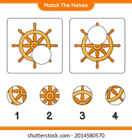Match the halves. Match halves of Ship Steering Wheel. Educational children game, printable worksheet, vector illustration