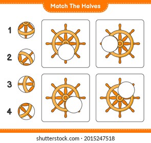 Match the halves. Match halves of Ship Steering Wheel. Educational children game, printable worksheet, vector illustration