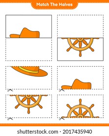 Match the halves. Match halves of Ship Steering Wheel and Summer Hat. Educational children game, printable worksheet, vector illustration