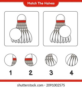 Match die Hälften! Match Hälften von Shuttlecock. Kinderspiel, druckbares Arbeitsblatt, Vektorgrafik