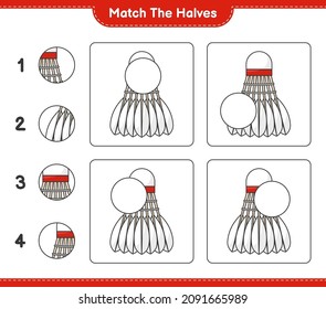 Match die Hälften! Match Hälften von Shuttlecock. Kinderspiel, druckbares Arbeitsblatt, Vektorgrafik