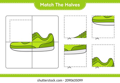 Coincide con las mitades. Coincide con las mitades de Sneaker. Juego infantil educativo, hoja de cálculo imprimible, ilustración vectorial