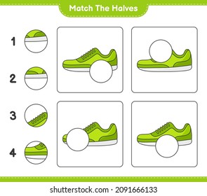 Match the halves. Match halves of Sneaker. Educational children game, printable worksheet, vector illustration