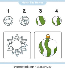 Match the halves. Match halves of Snowflake and Christmas Ball. Educational children game, printable worksheet, vector illustration