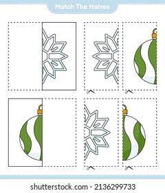 Coincide con las mitades. Coincide con mitades de copos de nieve y bolas de Navidad. Juego infantil educativo, hoja de cálculo imprimible, ilustración vectorial