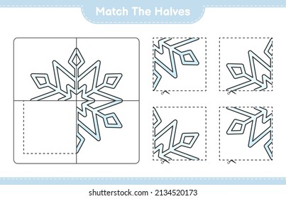 Match the halves. Match halves of Snowflake. Educational children game, printable worksheet, vector illustration