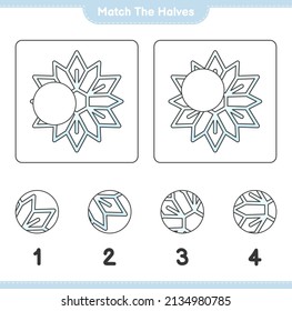 Match die Hälften! Match halves Schneeflocken. Kinderspiel, druckbares Arbeitsblatt, Vektorgrafik