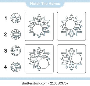 Match the halves. Match halves of Snowflake. Educational children game, printable worksheet, vector illustration