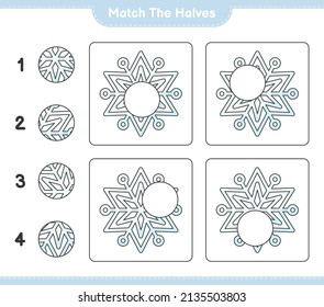 Match the halves. Match halves of Snowflake. Educational children game, printable worksheet, vector illustration