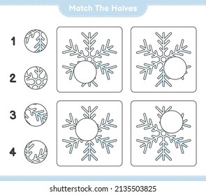 Match the halves. Match halves of Snowflake. Educational children game, printable worksheet, vector illustration