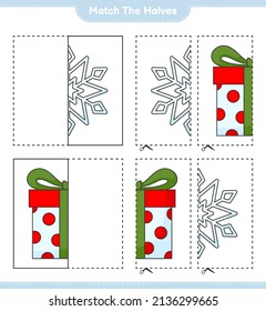 Match the halves. Match halves of Snowflake and Gift Box. Educational children game, printable worksheet, vector illustration
