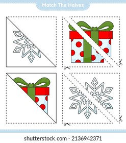 Match the halves. Match halves of Snowflake and Gift Box. Educational children game, printable worksheet, vector illustration