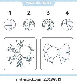 Coincide con las mitades. Coincide con mitades de copo de nieve y cinta de opciones. Juego infantil educativo, hoja de cálculo imprimible, ilustración vectorial