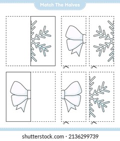 Match the halves. Match halves of Snowflake and Ribbon. Educational children game, printable worksheet, vector illustration