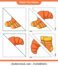 Coincide con las mitades. Coincide con mitades de calcetines y croissant. Juego infantil educativo, hoja de cálculo imprimible, ilustración vectorial