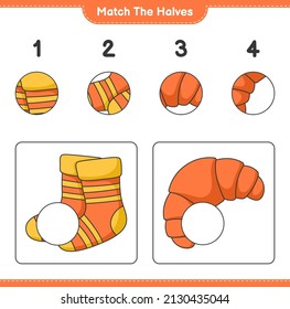 Match die Hälften! Match Hälften von Socken und Croissant. Kinderspiel, druckbares Arbeitsblatt, Vektorgrafik