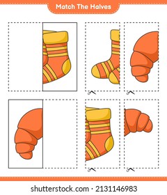 Coincide con las mitades. Coincide con mitades de calcetines y croissant. Juego infantil educativo, hoja de cálculo imprimible, ilustración vectorial