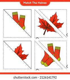 Match the halves. Match halves of Socks and Maple Leaf. Educational children game, printable worksheet, vector illustration