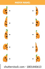 Match halves of spooky Halloween pumpkins with faces. Vector illustrations of jack o lantern pumpkins. 