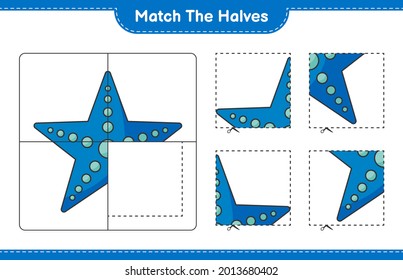 Coincide con las mitades. Coincide con mitades de Starfish. Juego infantil educativo, hoja de cálculo imprimible, ilustración vectorial
