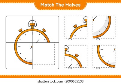 Match die Hälften! Match Hälften der Stoppuhr. Kinderspiel, druckbares Arbeitsblatt, Vektorgrafik