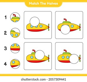 Match the halves. Match halves of Submarine. Educational children game, printable worksheet, vector illustration