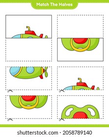 Coincide con las mitades. Coincidir mitades de submarino y pacificador. Juego infantil educativo, hoja de cálculo imprimible, ilustración vectorial
