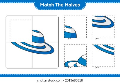 Match the halves. Match halves of Summer Hat. Educational children game, printable worksheet, vector illustration