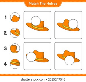Match die Hälften! Match Hälften von Summer Hat. Kinderspiel, druckbares Arbeitsblatt, Vektorgrafik