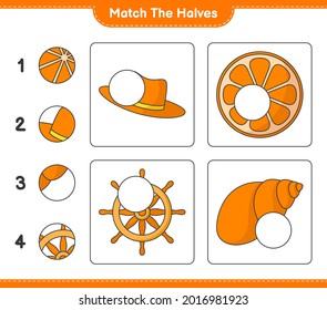 Match the halves. Match halves of Summer Hat, Orange, Ship Steering Wheel, and Sea Shells. Educational children game