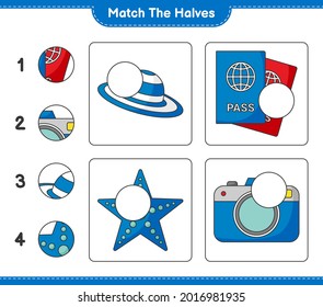 Match the halves. Match halves of Summer Hat, Passport, Camera, and Starfish. Educational children game