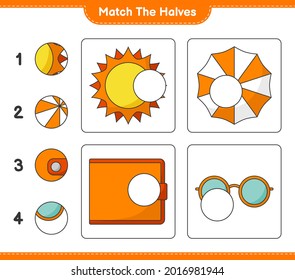Match the halves. Match halves of Sun, Beach Umbrella, Wallet, and Sunglasses. Educational children game