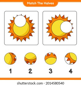 Match the halves. Match halves of Sun. Educational children game, printable worksheet, vector illustration