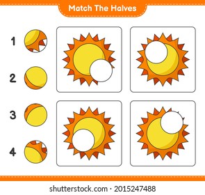 Match the halves. Match halves of Sun. Educational children game, printable worksheet, vector illustration